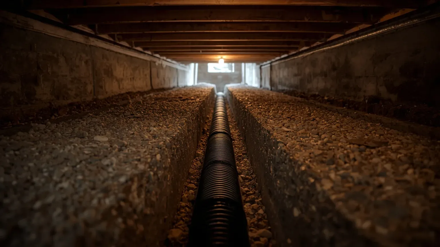 Perforated drainage pipe bedded in a gravel trench across a crawl space floor
