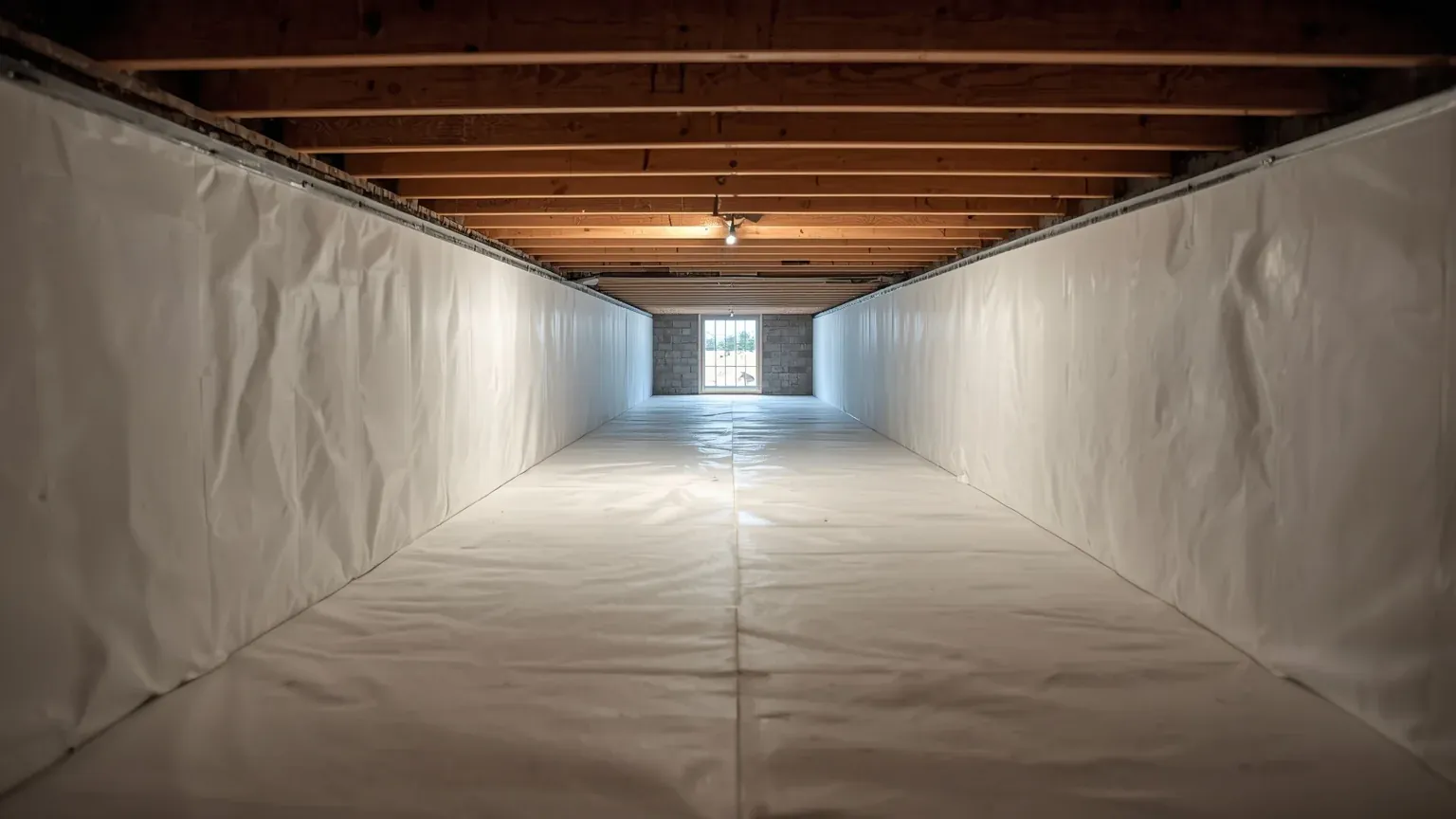 Sealed crawl space with white liner across the ground and up the foundation walls